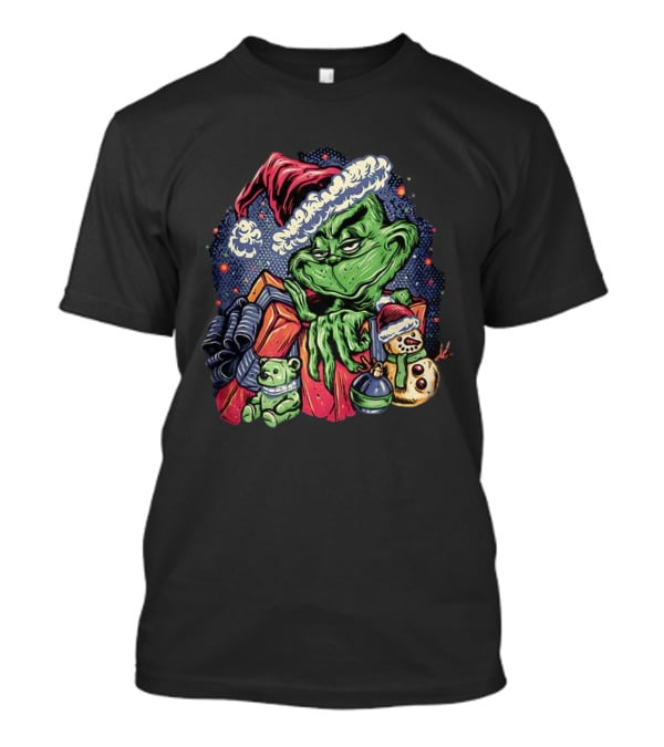 Grinch A Grumpy Present Cartoon Christmas With Santa Hat And Holiday Toys T-Shirt
