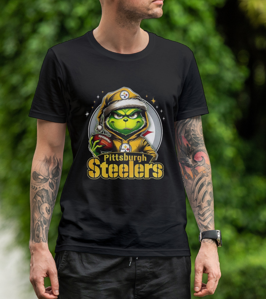 Grinch Wearing Santa Hat Holding Football Pittsburgh Steelers Christmas NFL T-Shirt