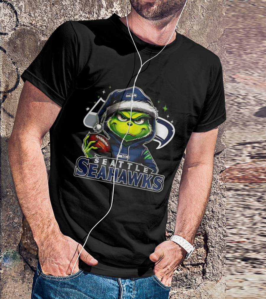 Seattle Seahawks NFL Grinch Santa Hat Christmas T-Shirt