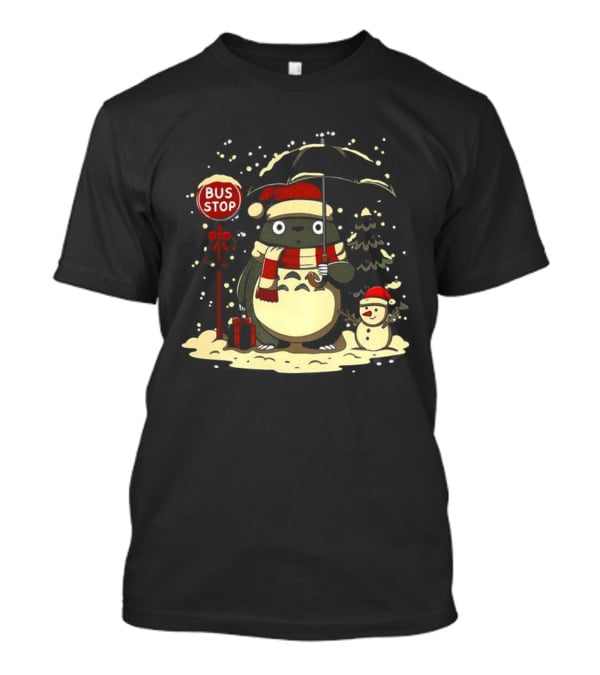 Totoro Snowman Winter Bus Stop Santa Hat T-Shirt