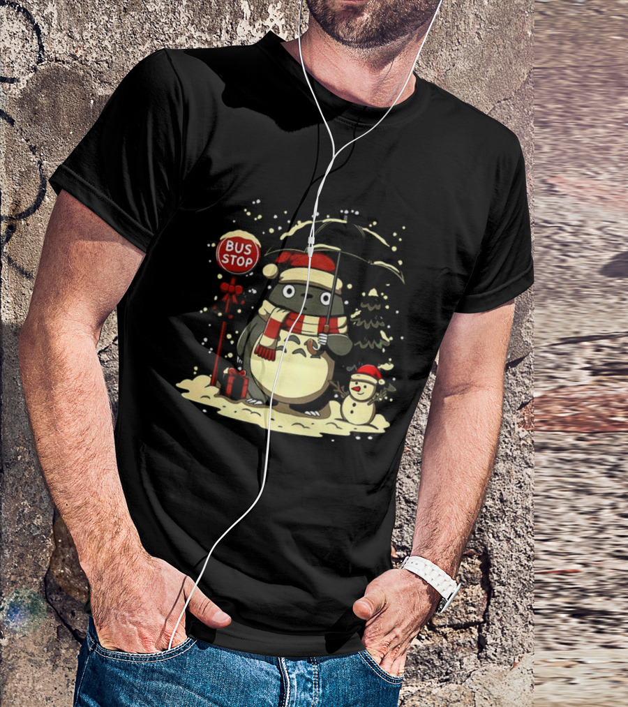 Totoro Snowman Winter Bus Stop Santa Hat T-Shirt