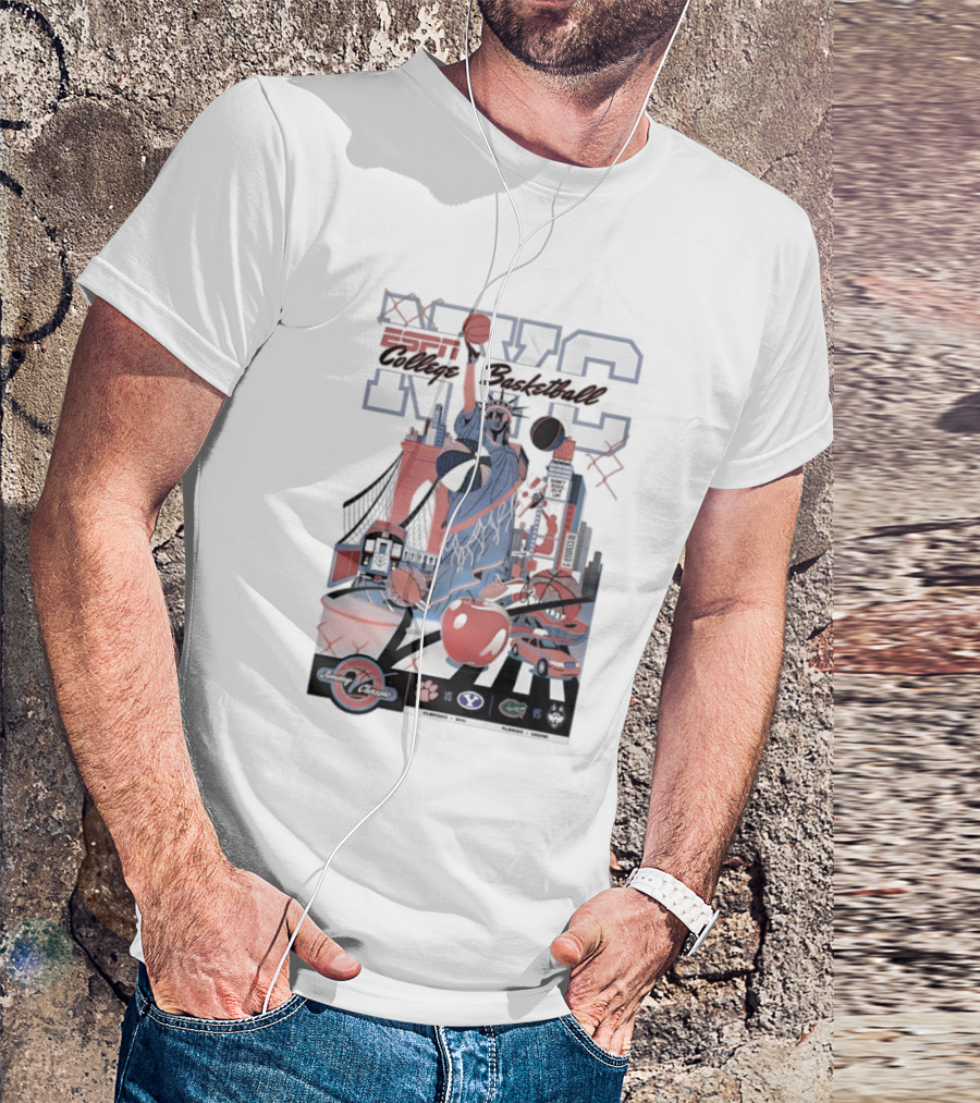 Jimmy V Classic 2025 Clemson Vs BYU College Basketball NYC Statue Of Liberty Basketball New York Skyline T-Shirt