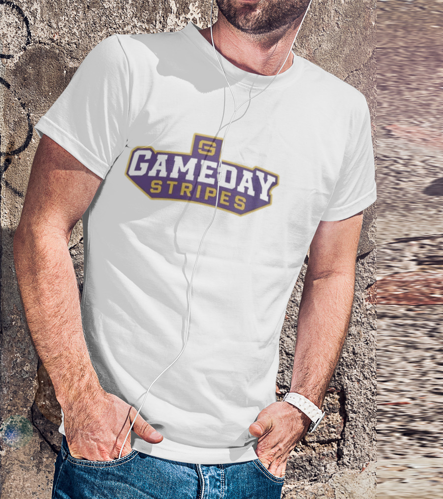 Gameday Stripes Purple And Gold Block Lettering T-Shirt