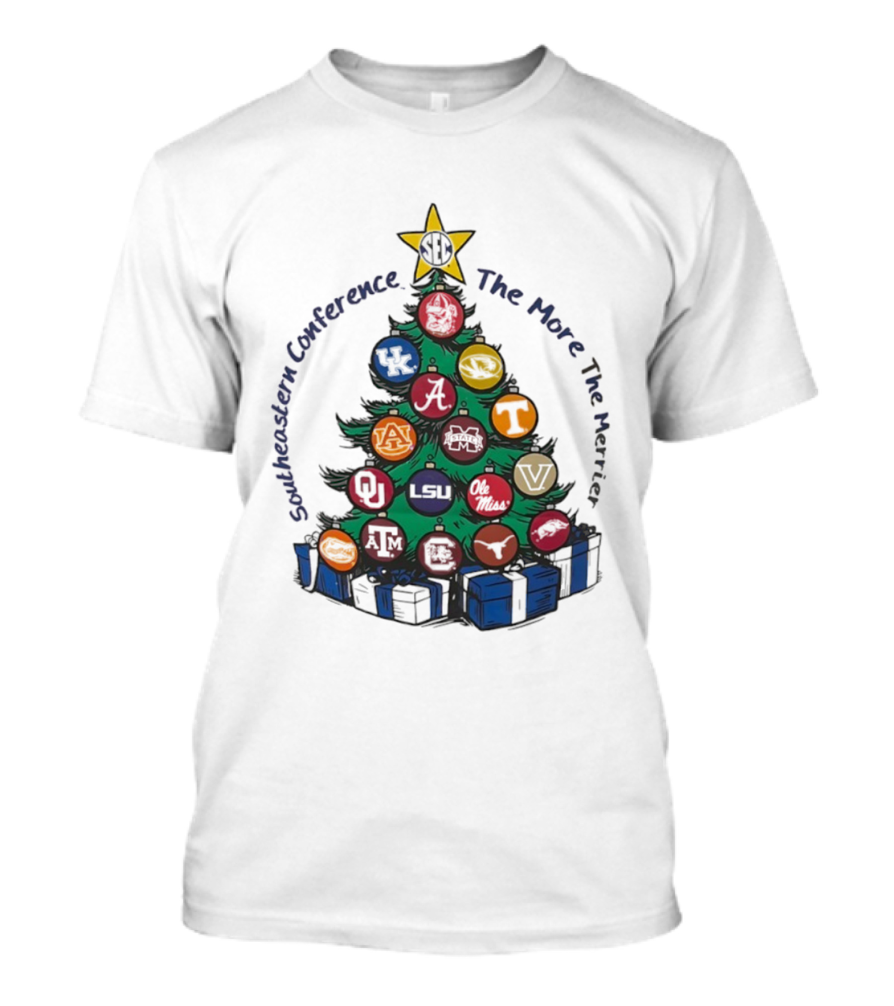 SEC Southeastern Conference The More The Merrier Christmas Tree With Team Ornaments T-Shirt