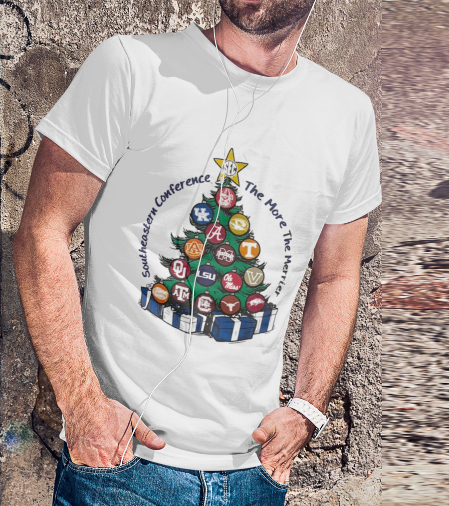 SEC Southeastern Conference The More The Merrier Christmas Tree With Team Ornaments T-Shirt