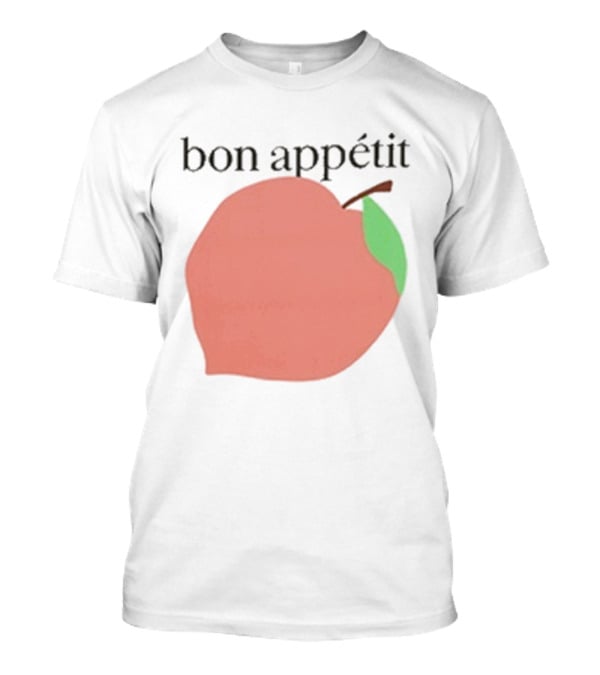 Bon Appétit Peach Illustration With Green Leaf Detail T-Shirt