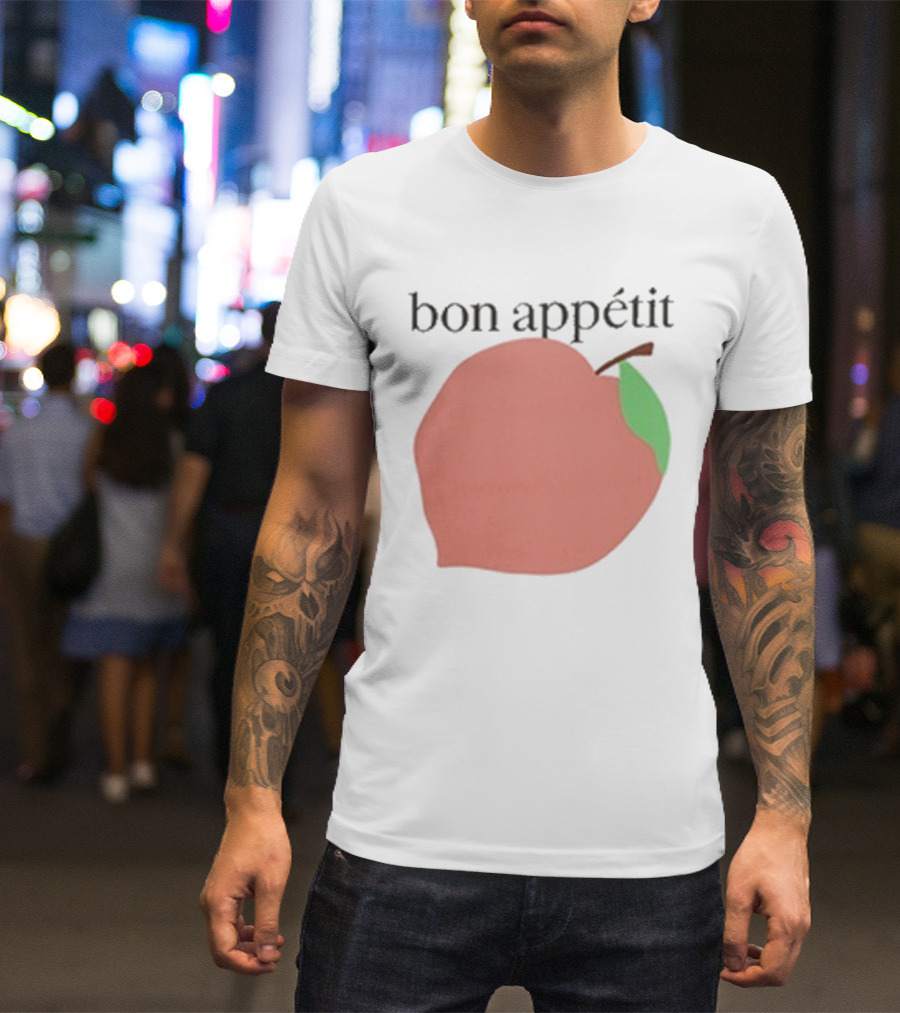 Bon Appétit Peach Illustration With Green Leaf Detail T-Shirt