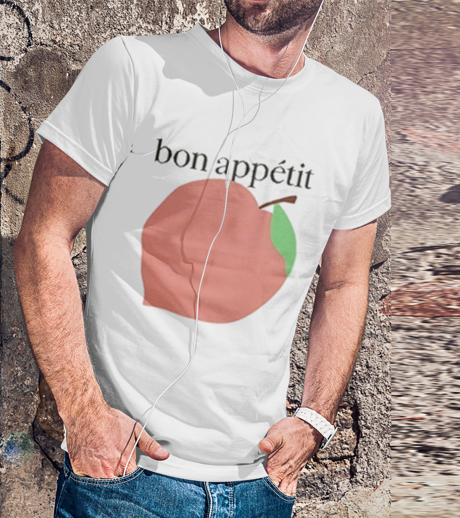 Bon Appétit Peach Illustration With Green Leaf Detail T-Shirt