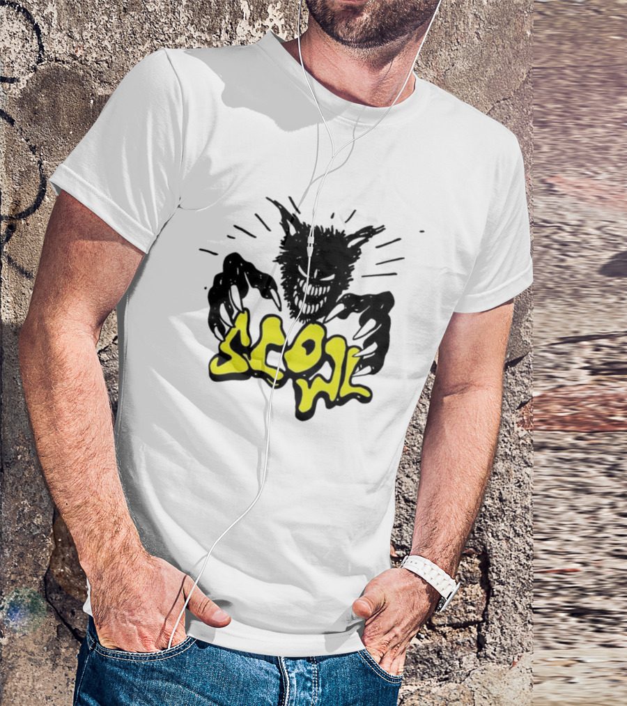 Scowl Scary Cat Yellow Text With Creepy Feline Illustration T-Shirt