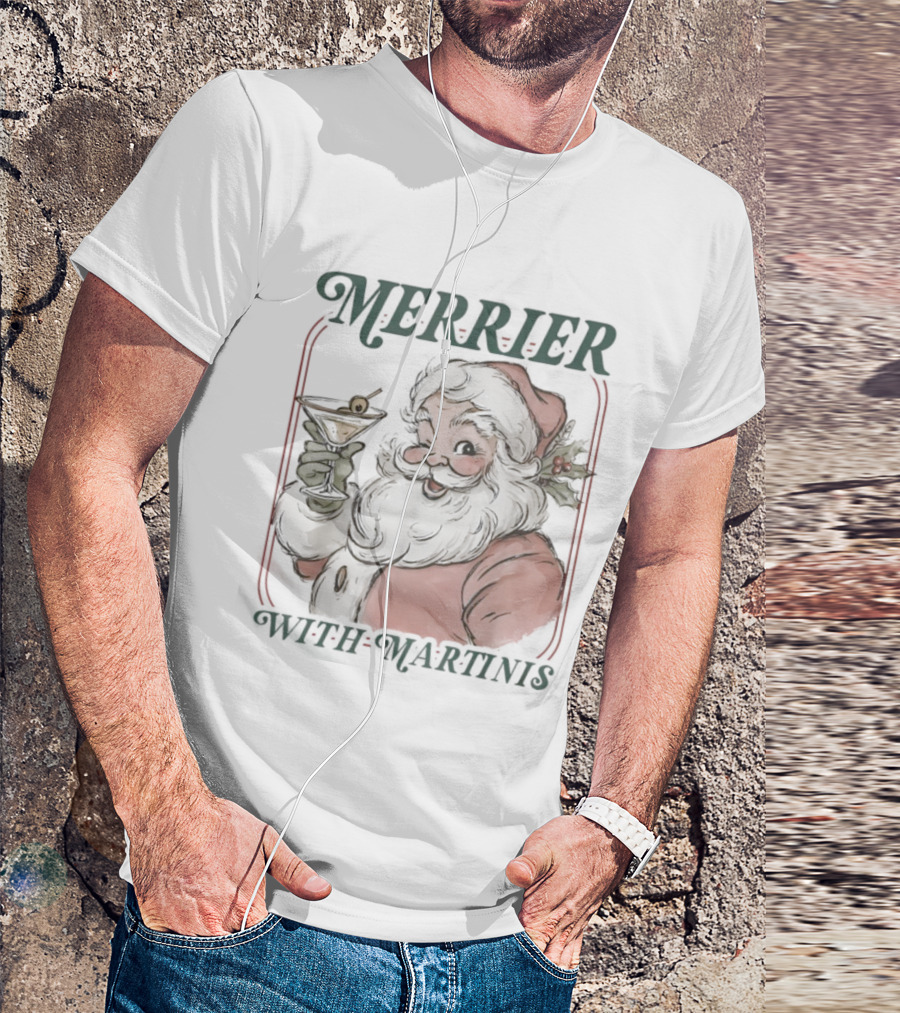 Merrier With Martinis Santa Christmas Cocktail T-Shirt
