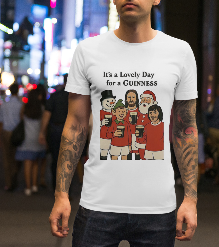 It's A Lovely Day For A Guinness Manchester United Christmas With Festive Characters T-Shirt