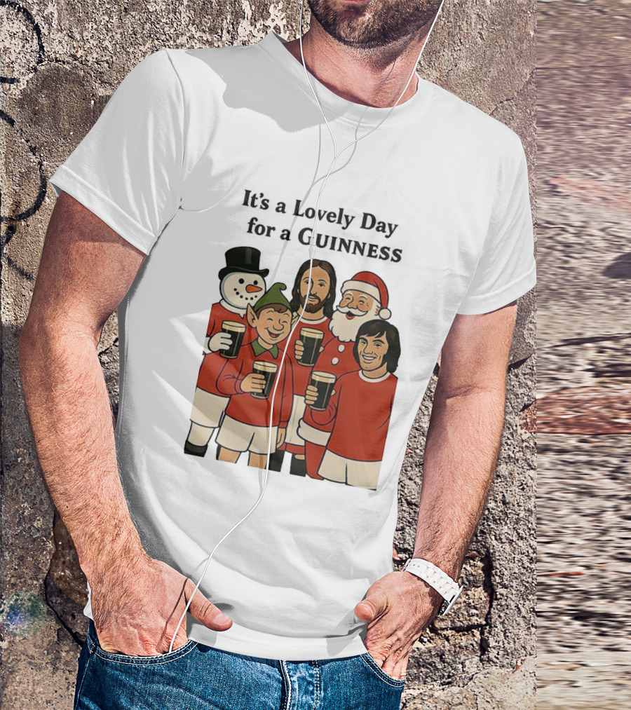It's A Lovely Day For A Guinness Manchester United Christmas With Festive Characters T-Shirt