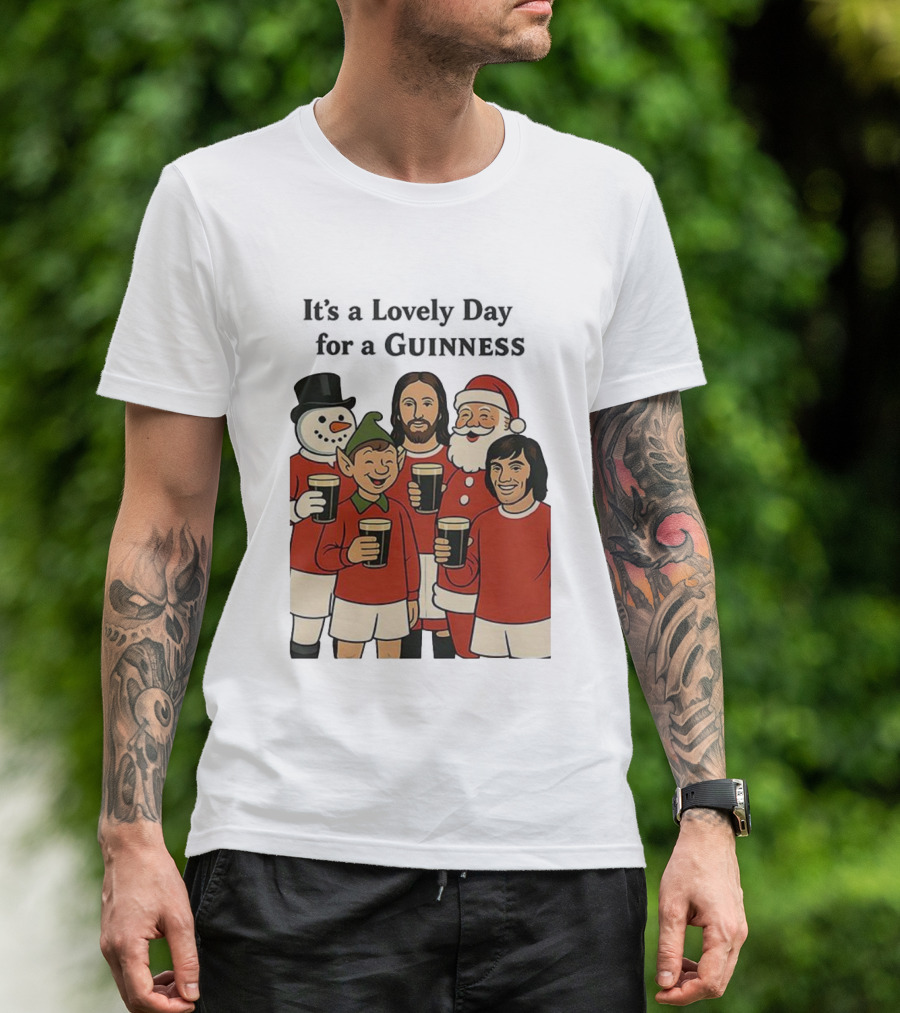 It's A Lovely Day For A Guinness Manchester United Christmas With Festive Characters T-Shirt