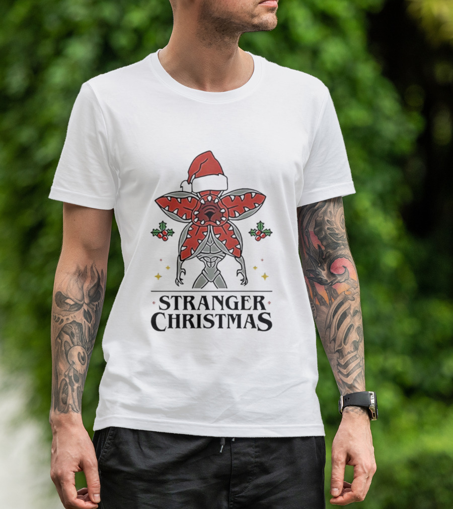 Stranger Christmas Demogorgon Santa Hat Mistletoe Branches Stranger Things T-Shirt