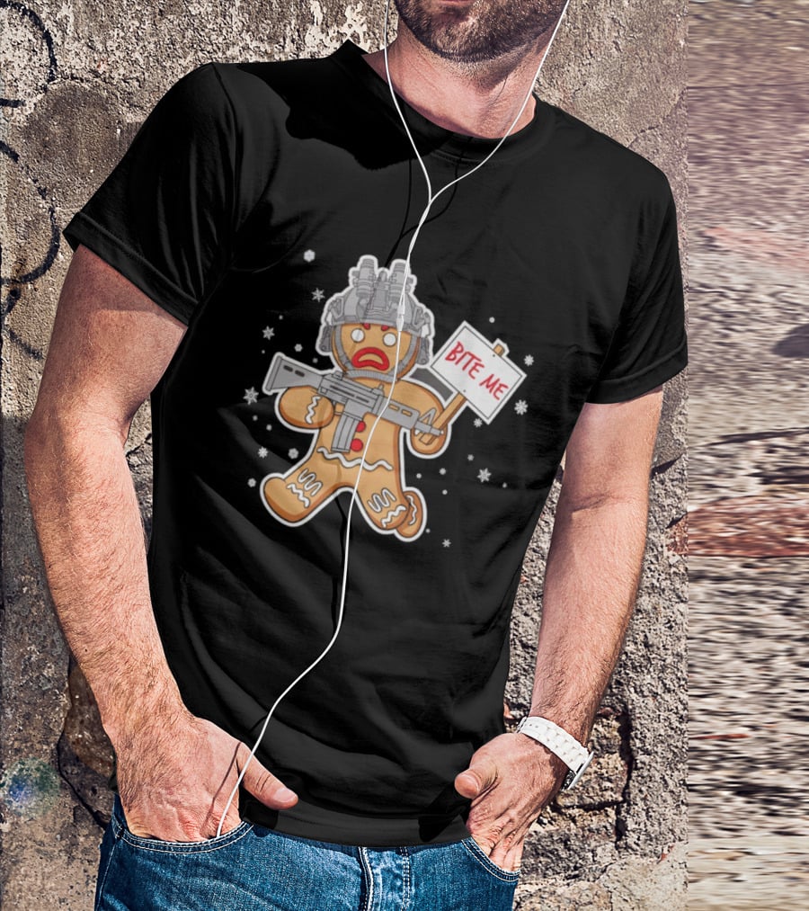 Bite Me Hostile Gingerbread Soldier Holding Sign With Weapon And Helmet T-Shirt