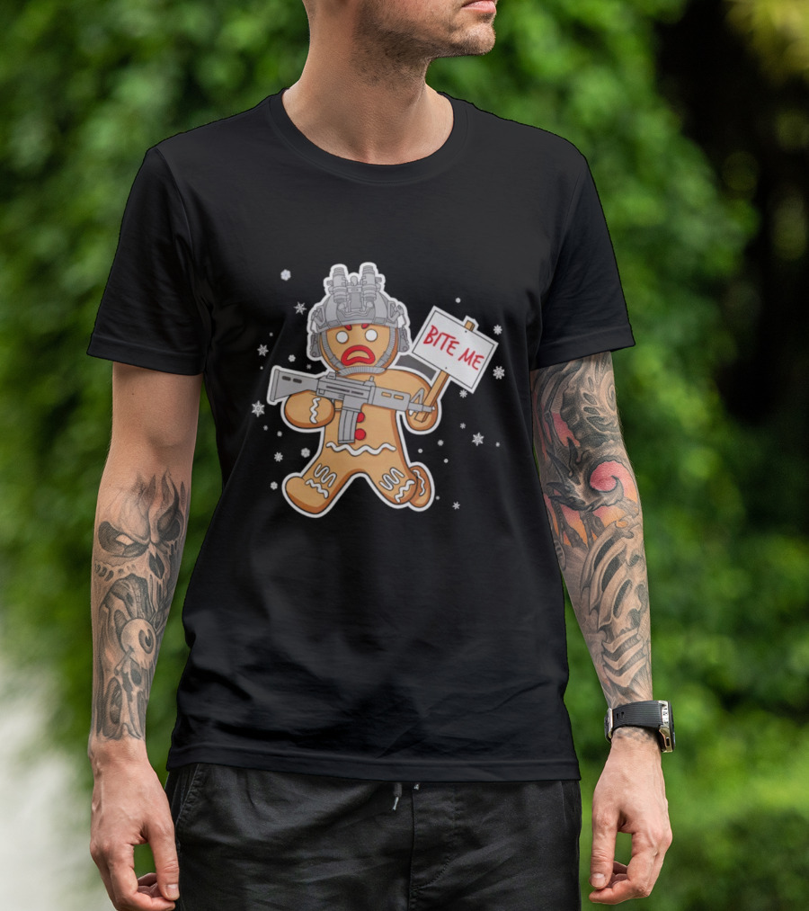 Bite Me Hostile Gingerbread Soldier Holding Sign With Weapon And Helmet T-Shirt