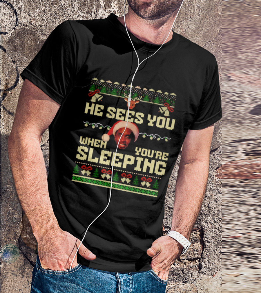 He Sees You When You’re Sleeping Christmas Lights Santa Hat Retro Style T-Shirt