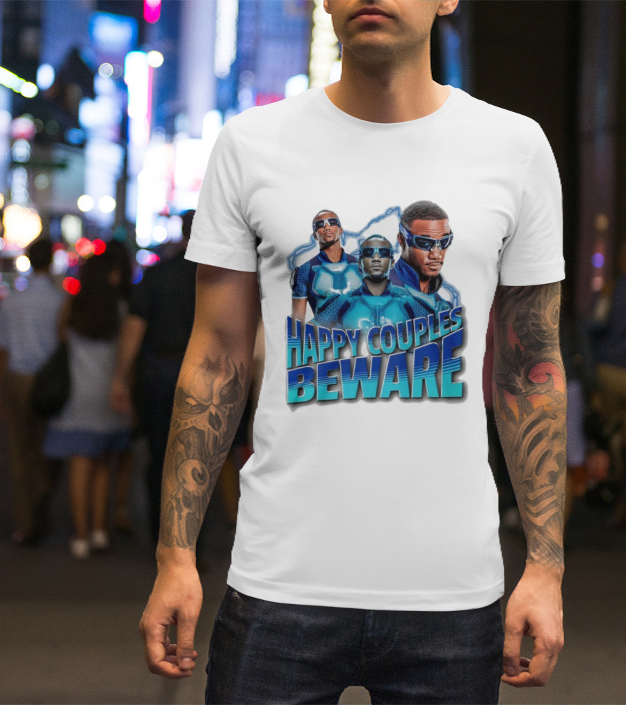 Happy Couples Beware Blue Outfits And Sunglasses Trio T-Shirt