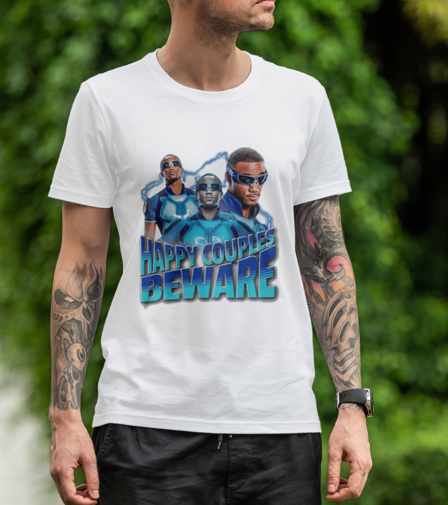 Happy Couples Beware Blue Outfits And Sunglasses Trio T-Shirt