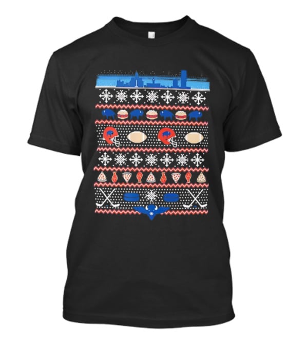 Buffalo Skyline Christmas Helmet Snowflakes Pizza Wings Burgers Football Pattern T-Shirt