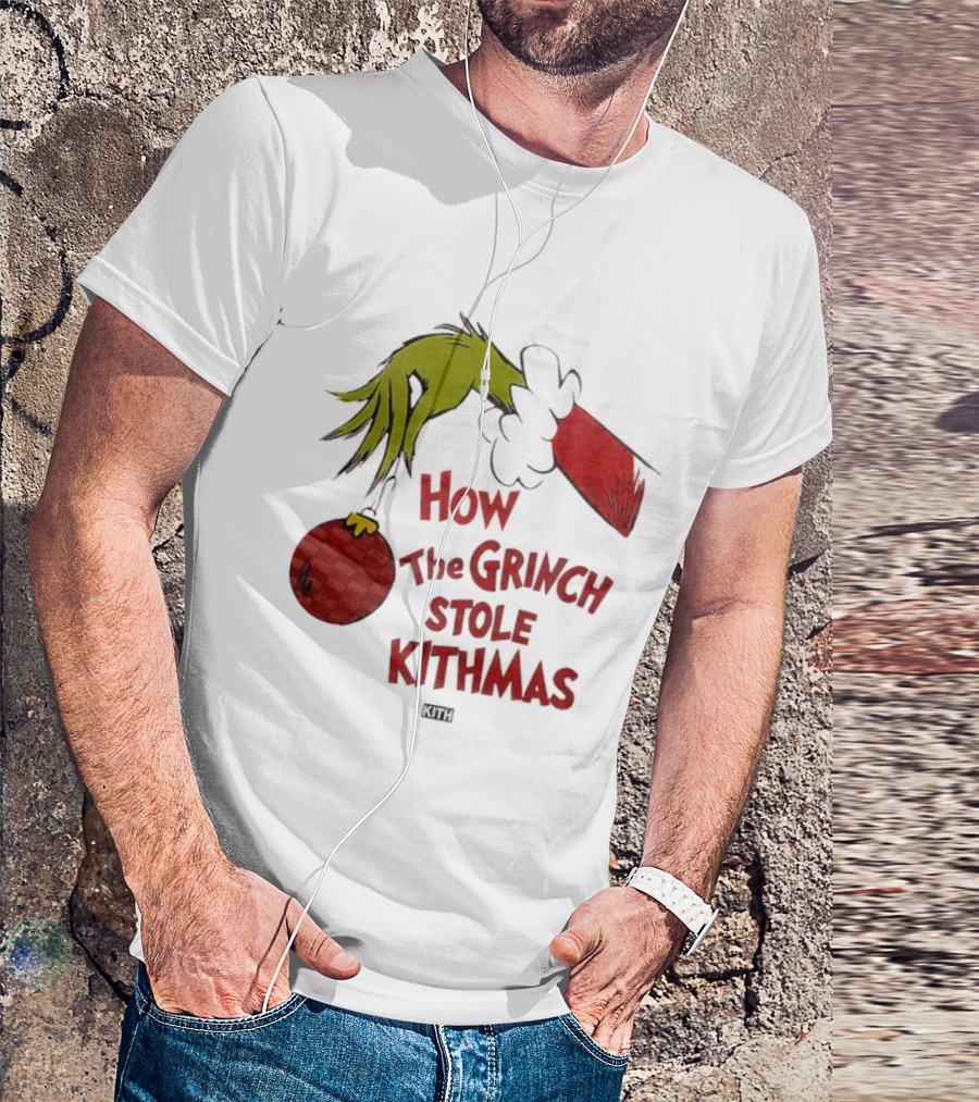 How The Grinch Stole Kithmas Green Figure Red Santa Hat Red Ornament T-Shirt