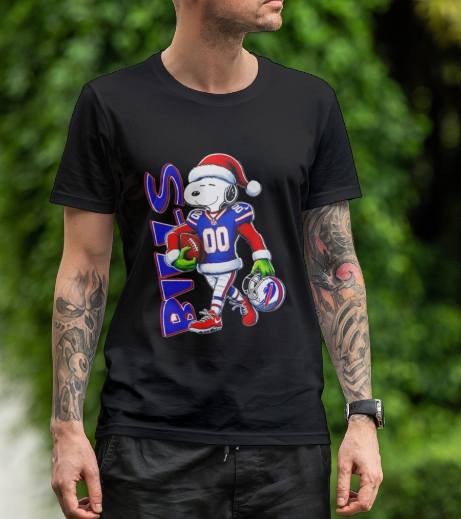 Buffalo Bills Snoopy Christmas NFL Football Player With Santa Hat And Grinch Hands T-Shirt
