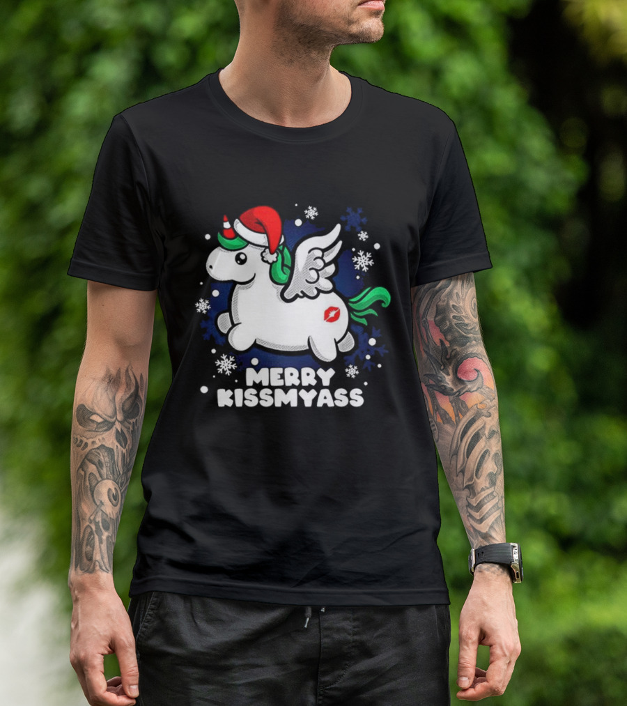 Merry Kissmyass Pegasus Santa Hat Snowflakes T-Shirt