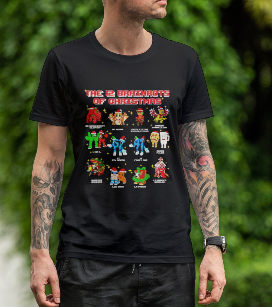 The 12 Brainrots Of Christmas Funny Festive Characters Santa Hats T-Shirt