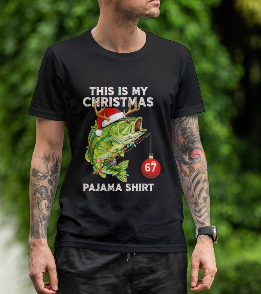 This Is My Christmas Pajama Bass Fish Santa Hat Lights Reindeer Antlers 67 Ornament T-Shirt