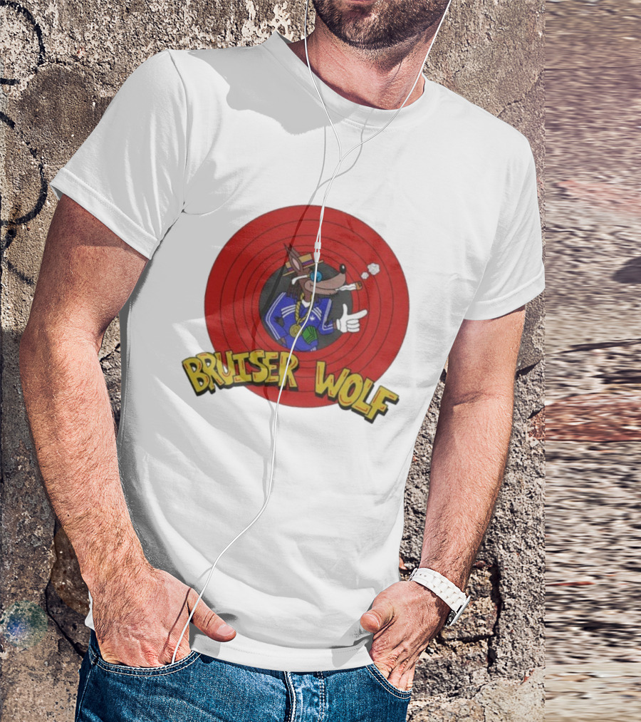Bruiser Wolf Cartoon Vibes Smoking Character In Circular Red Background T-Shirt