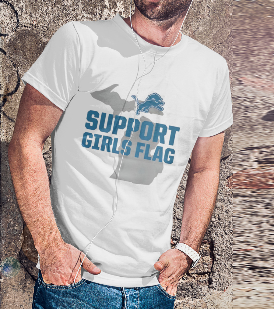 Detroit Lions Support Girls Flag Michigan Map T-Shirt