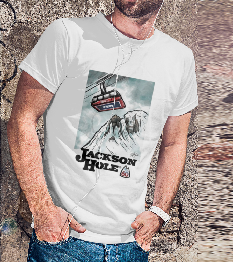 Jackson Hole 60th Anniversary Kelly Halpin Ski Tram Mountain Scene T-Shirt
