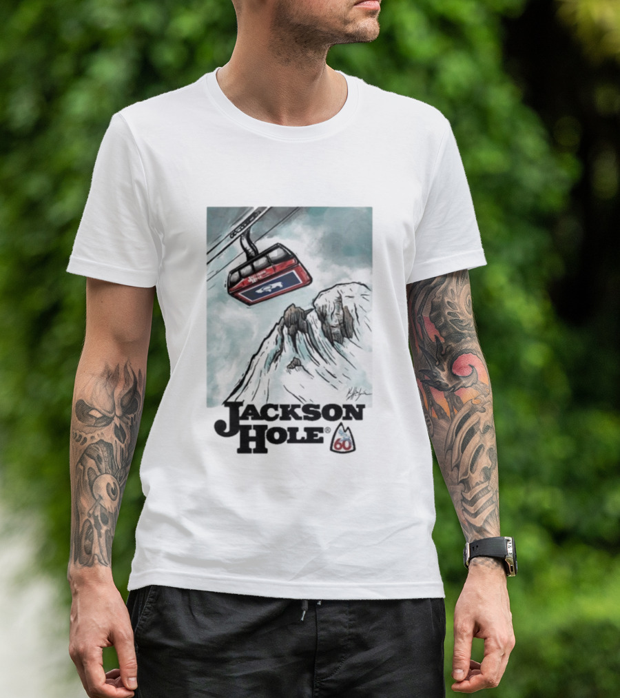 Jackson Hole 60th Anniversary Kelly Halpin Ski Tram Mountain Scene T-Shirt