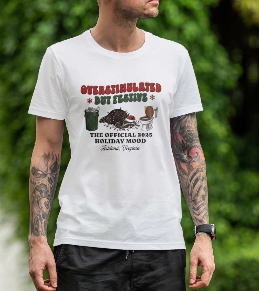 Overstimulated But Festive Raccoon The Official 2025 Holiday Mood Ashland Virginia T-Shirt
