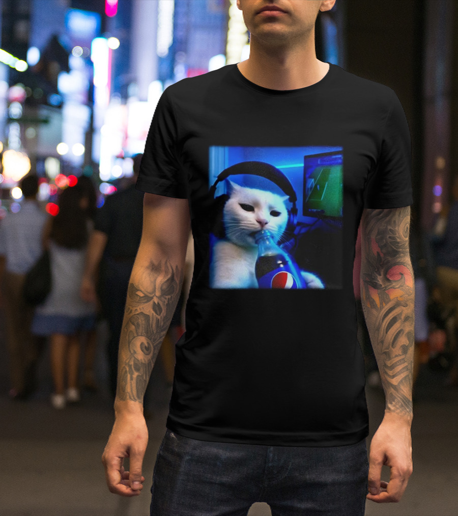 Cat Wearing Headphones Drinking Pepsi Gaming Meme T-Shirt