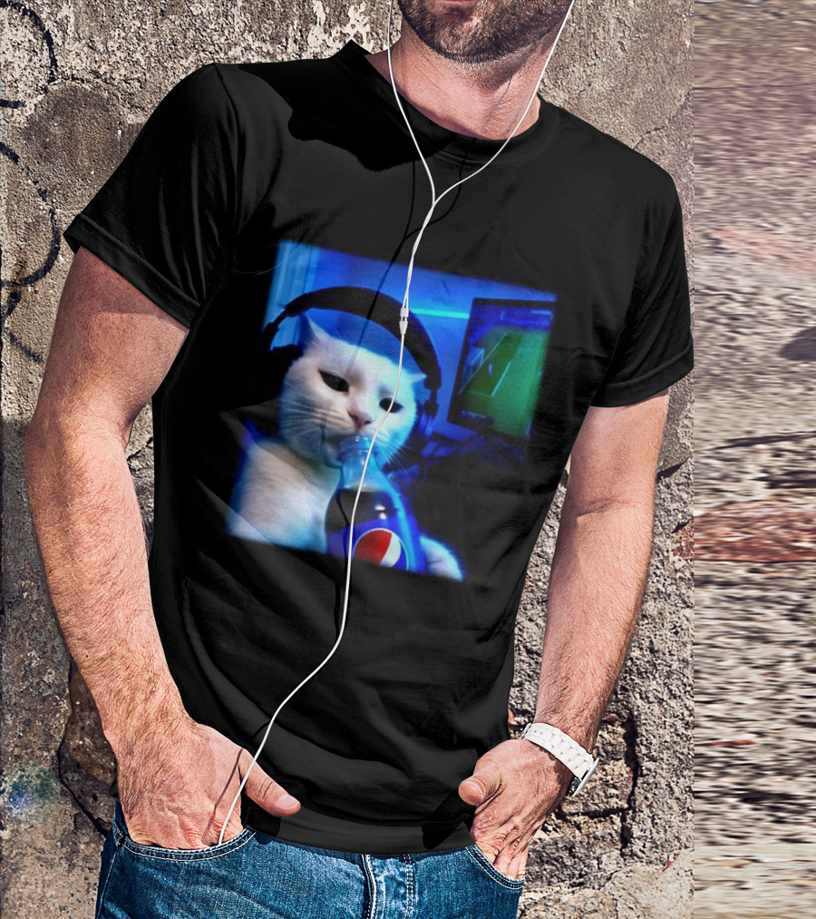 Cat Wearing Headphones Drinking Pepsi Gaming Meme T-Shirt