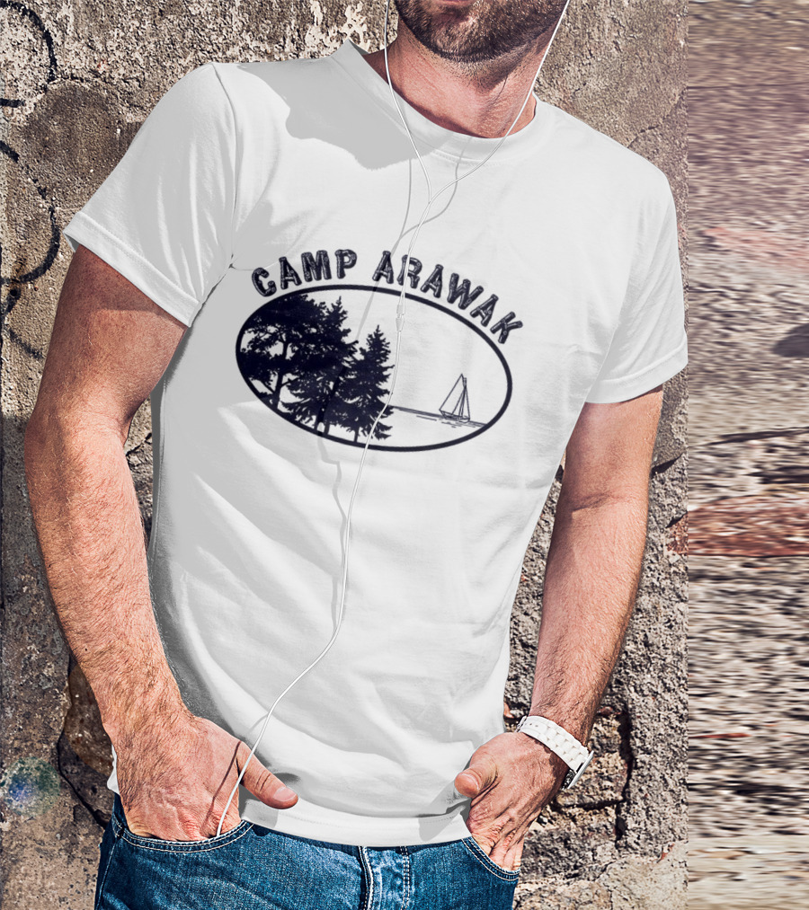 Camp Arawak Trees And Sailboat Scene T-Shirt
