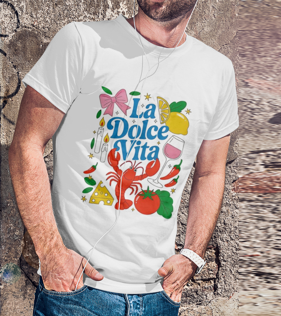 J’aime La Dolce Vita Lobster Lemon Tomato Cheese Bow Candles Wine Peppers T-Shirt