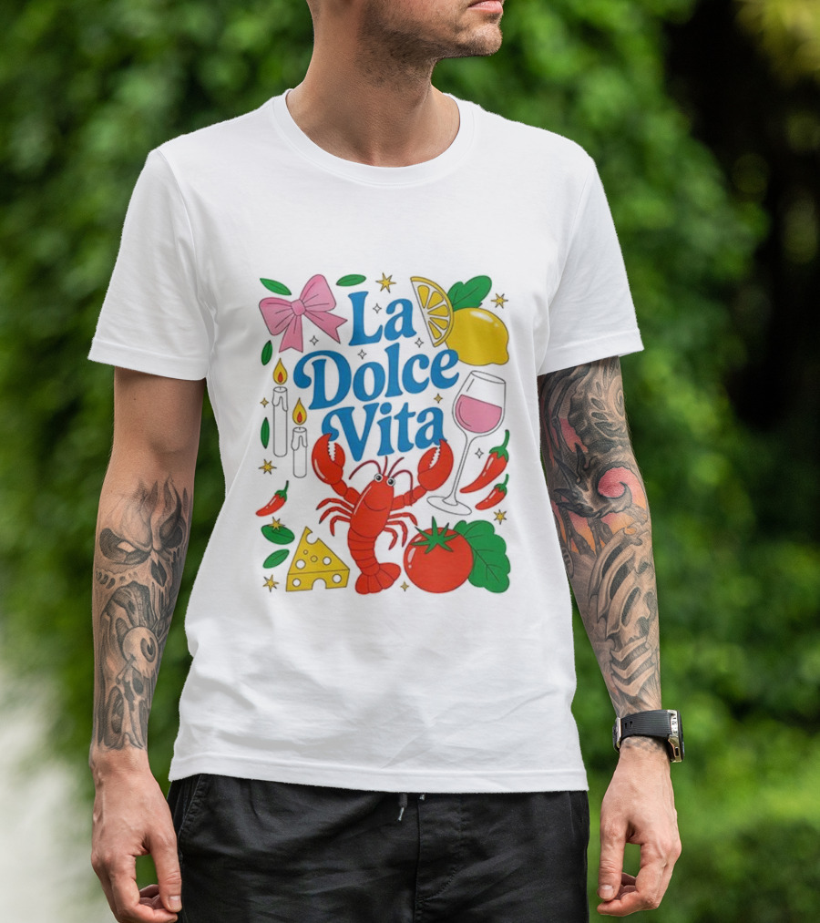 J’aime La Dolce Vita Lobster Lemon Tomato Cheese Bow Candles Wine Peppers T-Shirt
