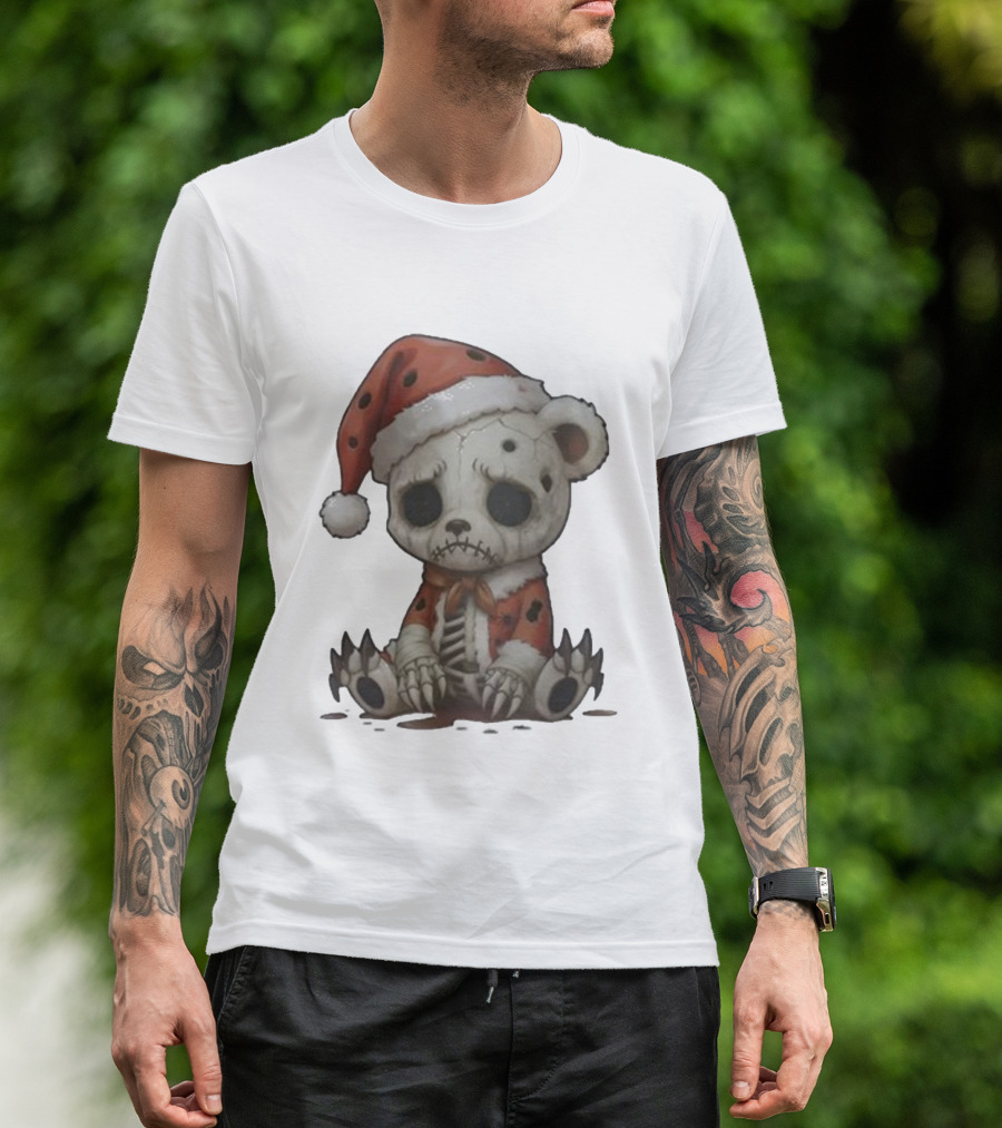 Merry & Boney Christmas Creepy Skeleton Teddy Bear Santa Hat T-Shirt