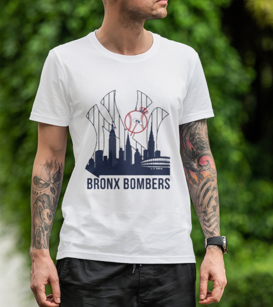 New York Yankees Bronx Bombers Skyline Classic Yankees Bat And Hat Icon T-Shirt