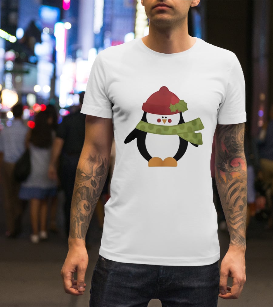 Cute Penguin Christmas Cartoon With Red Hat And Green Scarf T-Shirt