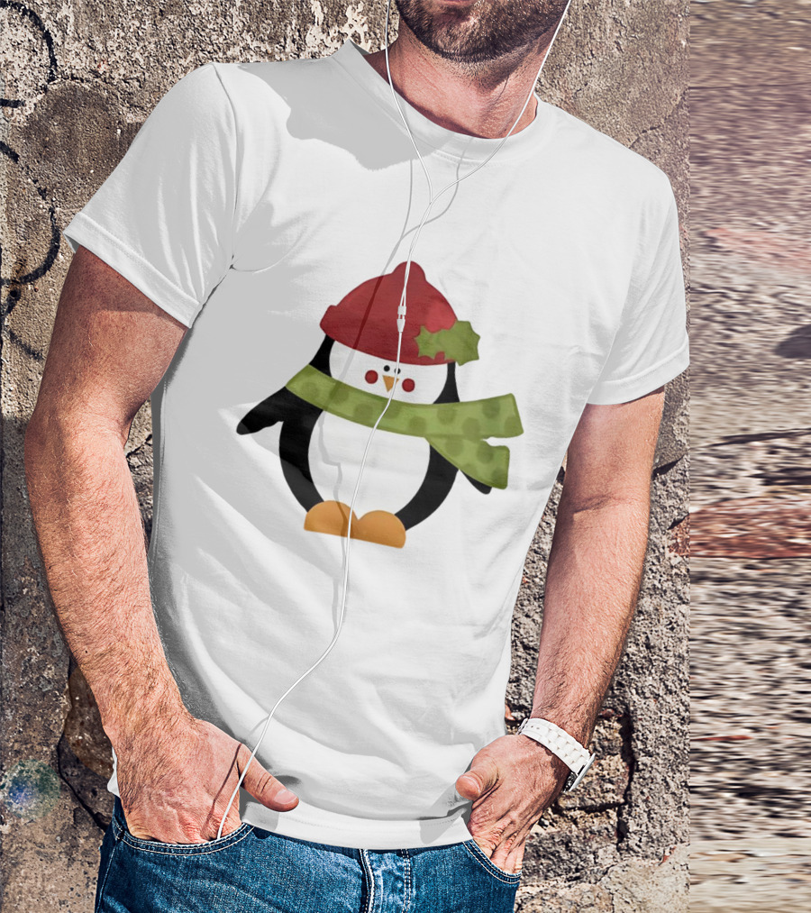Cute Penguin Christmas Cartoon With Red Hat And Green Scarf T-Shirt