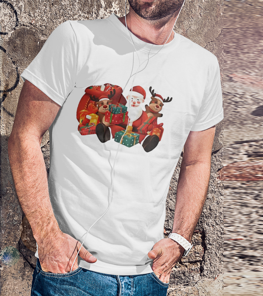 Santa Claus And Reindeer Holding Christmas Gifts With Sack And Ribbon T-Shirt