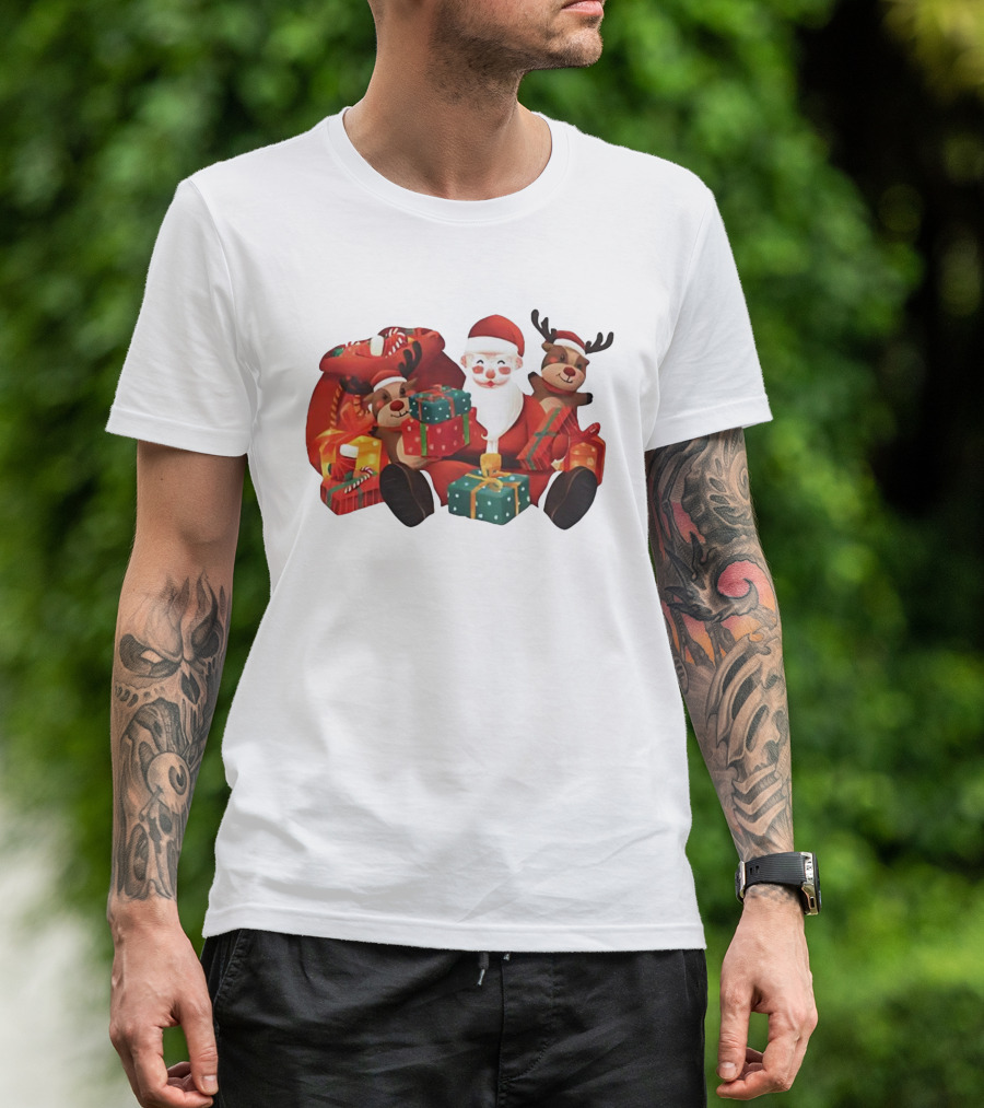 Santa Claus And Reindeer Holding Christmas Gifts With Sack And Ribbon T-Shirt