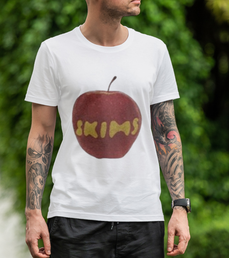 Skims Apple Bold Yellow Text On Red Apple T-Shirt