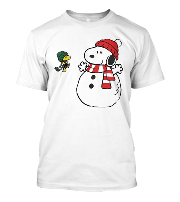 Snoopy And Woodstock Christmas Holiday Snowman Scene T-Shirt