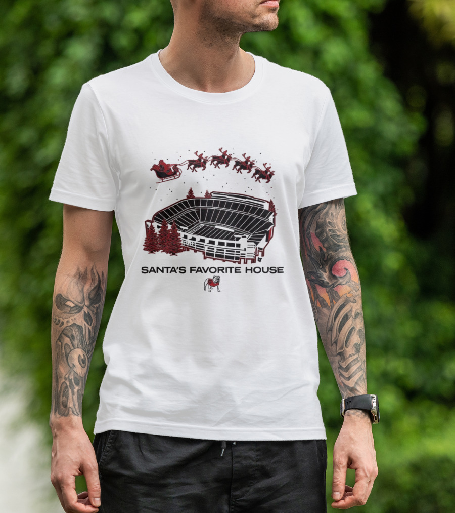 Santa's Favorite House Georgia Bulldogs Sanford Stadium Holiday Scene T-Shirt