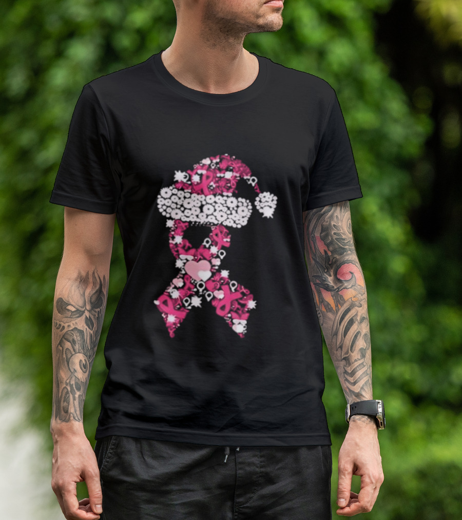 Santa Hat Breast Cancer Awareness Christmas Ribbon T-Shirt