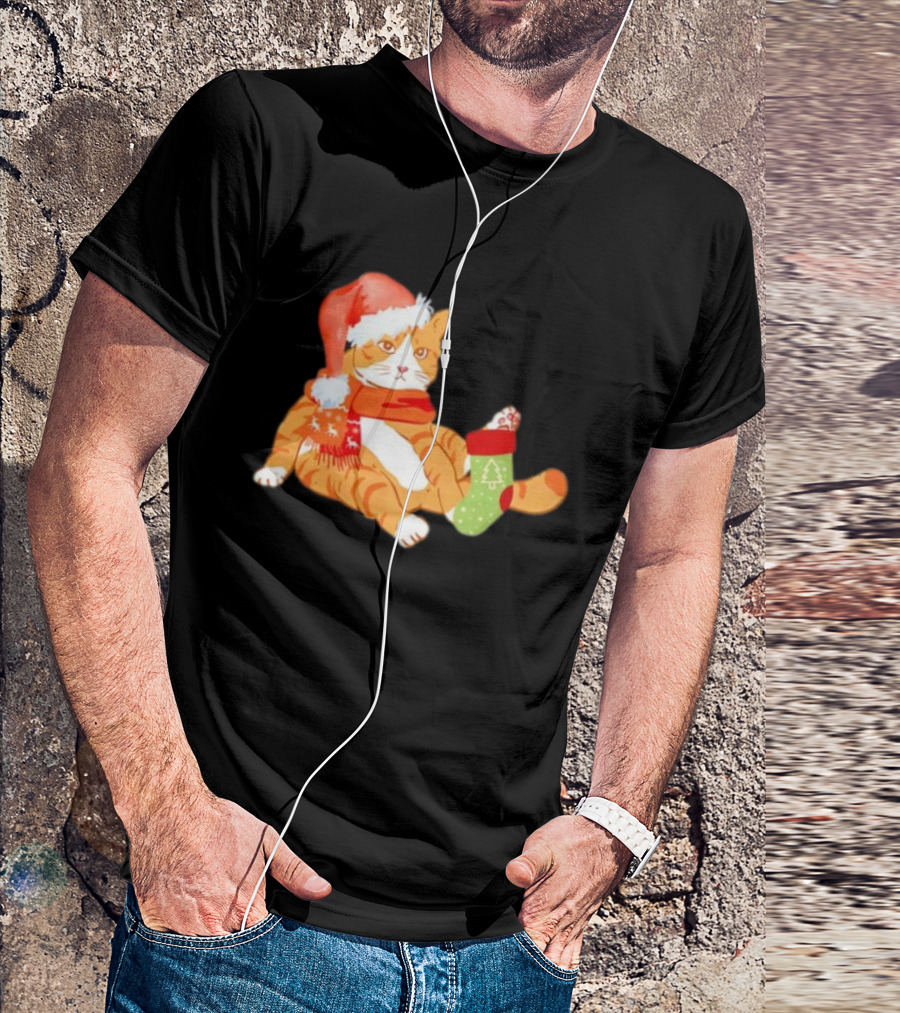 Cute Christmas Orange Cat Santa Hat Festive Stocking T-Shirt